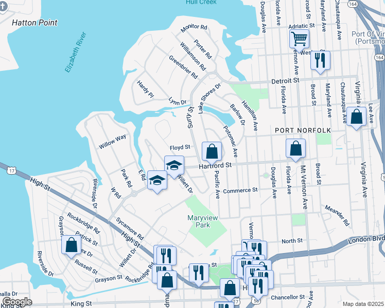 map of restaurants, bars, coffee shops, grocery stores, and more near 3505 Creig Street in Portsmouth
