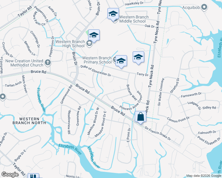 map of restaurants, bars, coffee shops, grocery stores, and more near 2920 Prince of Wales Drive in Chesapeake