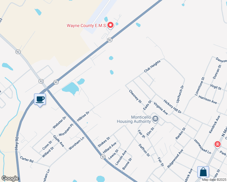 map of restaurants, bars, coffee shops, grocery stores, and more near 340-440 Hillrise Dr in Monticello