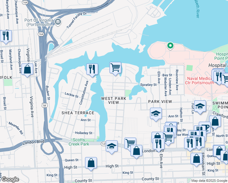 map of restaurants, bars, coffee shops, grocery stores, and more near 1629 Barron Street in Portsmouth