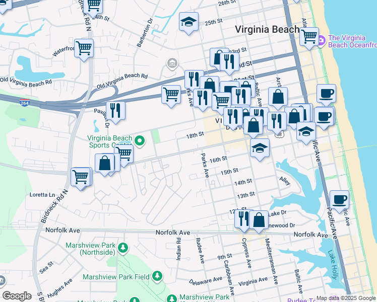 map of restaurants, bars, coffee shops, grocery stores, and more near 860 Virginia Beach Boulevard in Virginia Beach