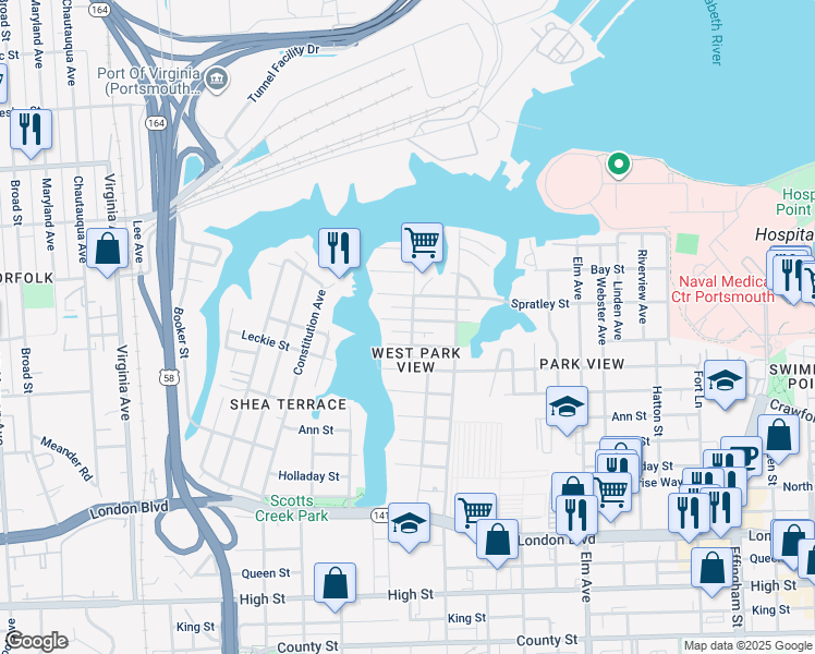 map of restaurants, bars, coffee shops, grocery stores, and more near 1708 McDaniel Street in Portsmouth