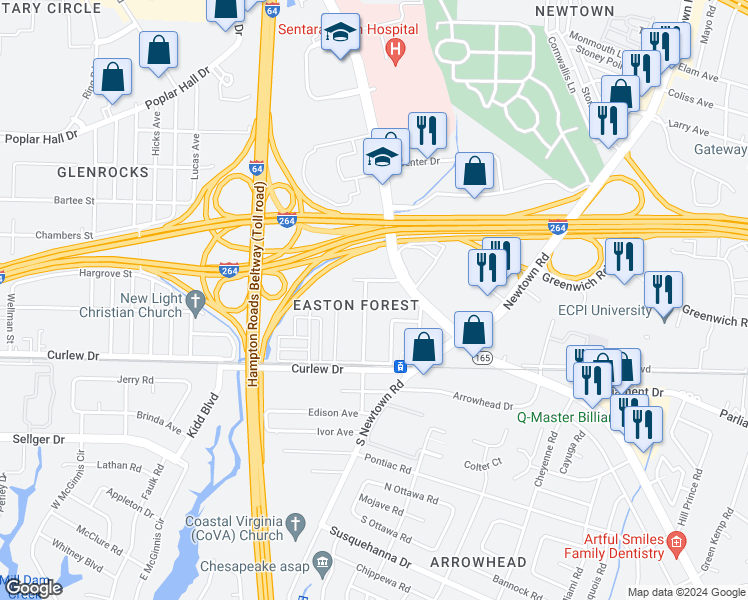 map of restaurants, bars, coffee shops, grocery stores, and more near 160 Abilene Avenue in Norfolk