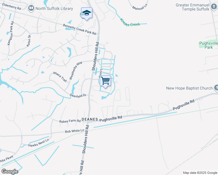 map of restaurants, bars, coffee shops, grocery stores, and more near 1109 Teton Circle in Suffolk