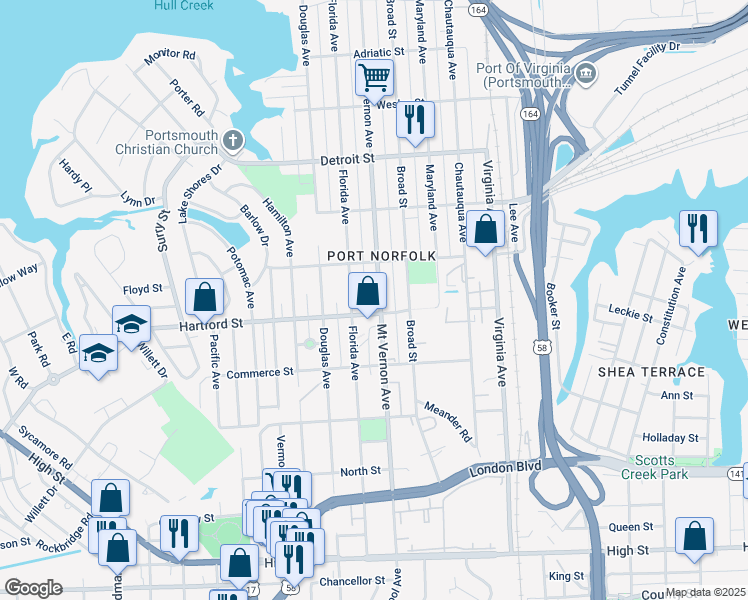 map of restaurants, bars, coffee shops, grocery stores, and more near 646 Mount Vernon Avenue in Portsmouth