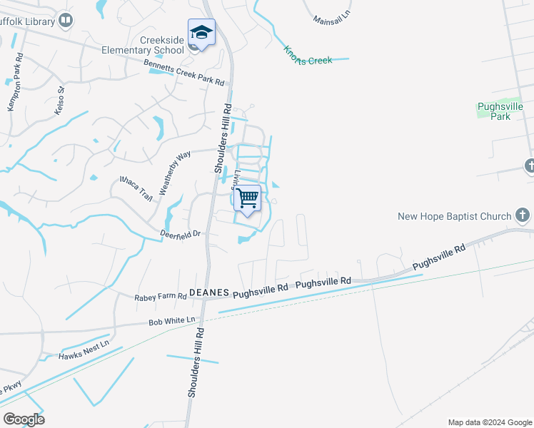 map of restaurants, bars, coffee shops, grocery stores, and more near 1412 Teton Circle in Suffolk