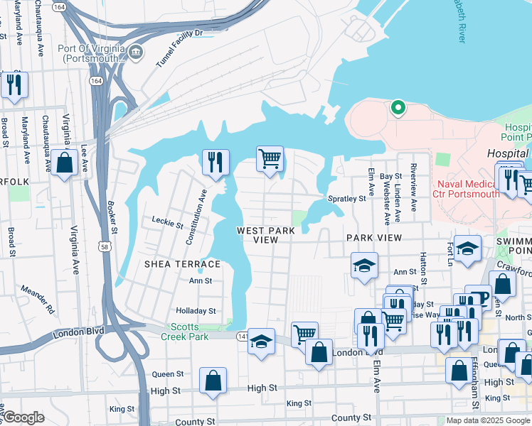 map of restaurants, bars, coffee shops, grocery stores, and more near 1629 Barron Street in Portsmouth