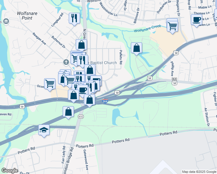 map of restaurants, bars, coffee shops, grocery stores, and more near 2212 Laskin Road in Virginia Beach