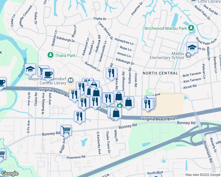 map of restaurants, bars, coffee shops, grocery stores, and more near 404 Lynn Shores Drive in Virginia Beach