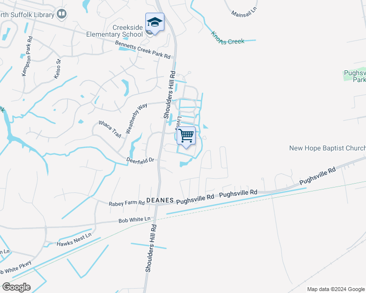 map of restaurants, bars, coffee shops, grocery stores, and more near 2212 Gentry Street in Suffolk