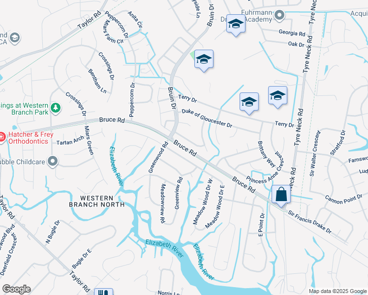 map of restaurants, bars, coffee shops, grocery stores, and more near 4278 Bruce Road in Chesapeake