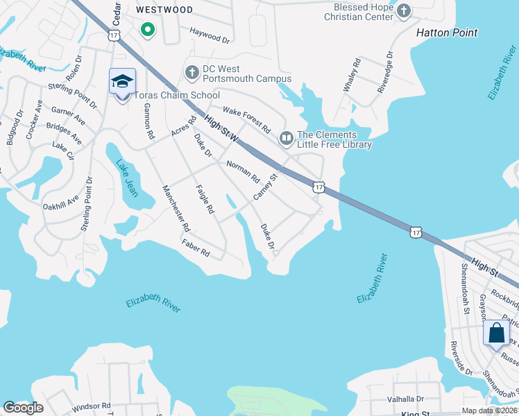 map of restaurants, bars, coffee shops, grocery stores, and more near 4404 Duke Drive in Portsmouth