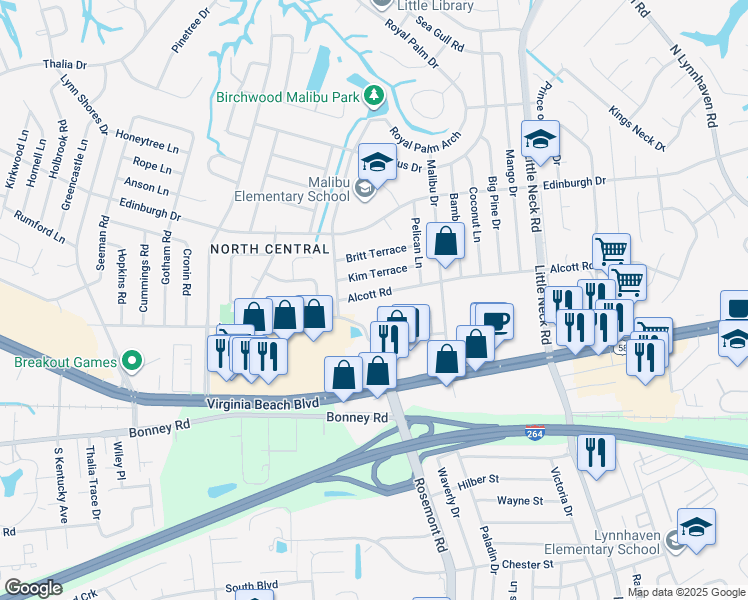 map of restaurants, bars, coffee shops, grocery stores, and more near 3641 Alcott Road in Virginia Beach