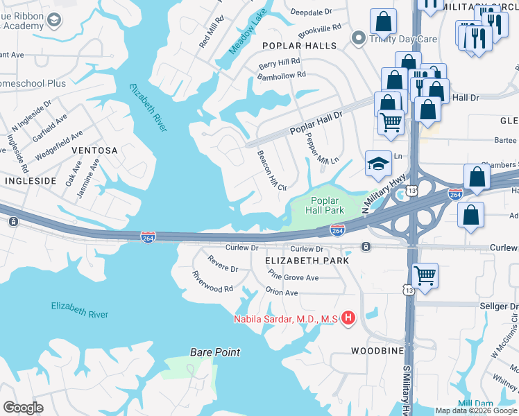 map of restaurants, bars, coffee shops, grocery stores, and more near 450 Leepoint Road in Norfolk