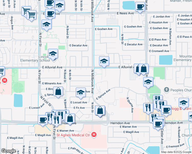 map of restaurants, bars, coffee shops, grocery stores, and more near 7442 North Millbrook Avenue in Fresno