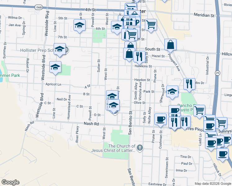 map of restaurants, bars, coffee shops, grocery stores, and more near 1125 Monterey Street in Hollister