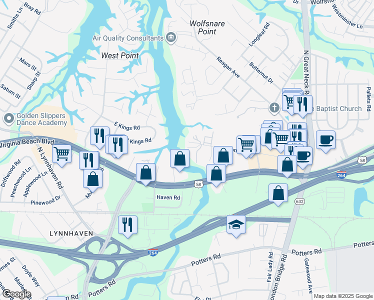 map of restaurants, bars, coffee shops, grocery stores, and more near 2565 Oconee Avenue in Virginia Beach