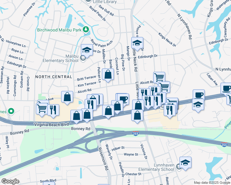 map of restaurants, bars, coffee shops, grocery stores, and more near 334 Malibu Drive in Virginia Beach