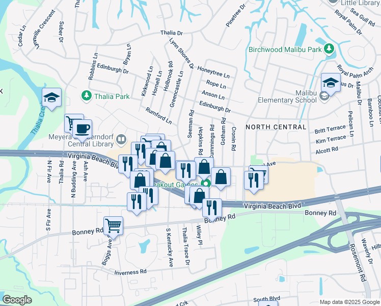 map of restaurants, bars, coffee shops, grocery stores, and more near 404 Lynn Shores Drive in Virginia Beach