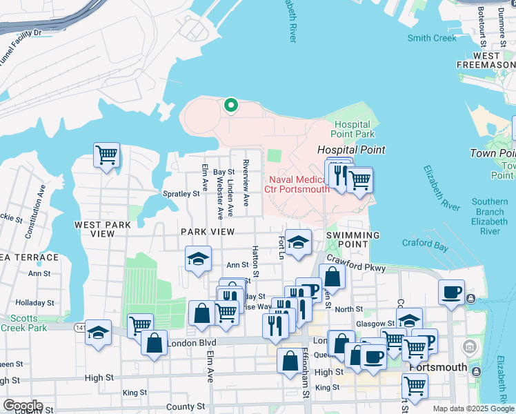 map of restaurants, bars, coffee shops, grocery stores, and more near 850 Crawford Parkway in Portsmouth