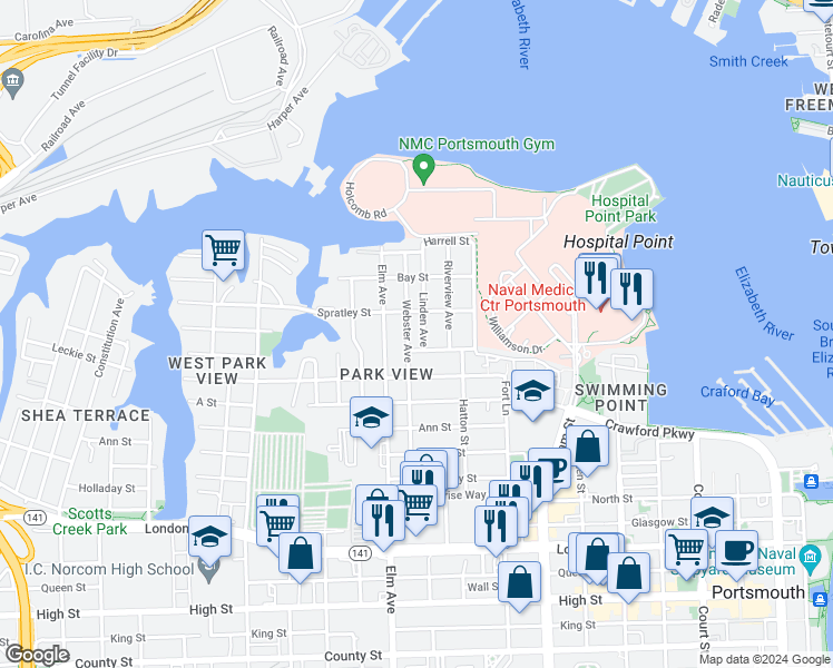 map of restaurants, bars, coffee shops, grocery stores, and more near 142 Webster Avenue in Portsmouth
