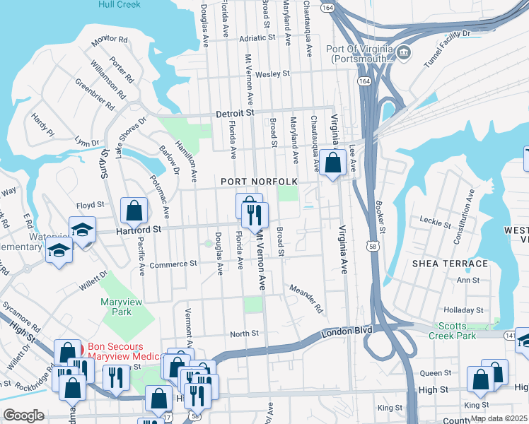 map of restaurants, bars, coffee shops, grocery stores, and more near 660 Mount Vernon Avenue in Portsmouth