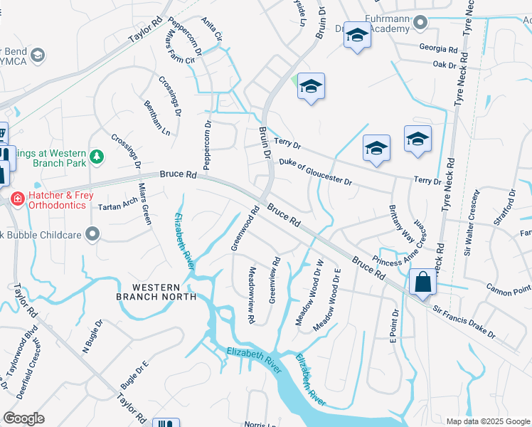 map of restaurants, bars, coffee shops, grocery stores, and more near 4248 Meadow Wood Drive in Chesapeake