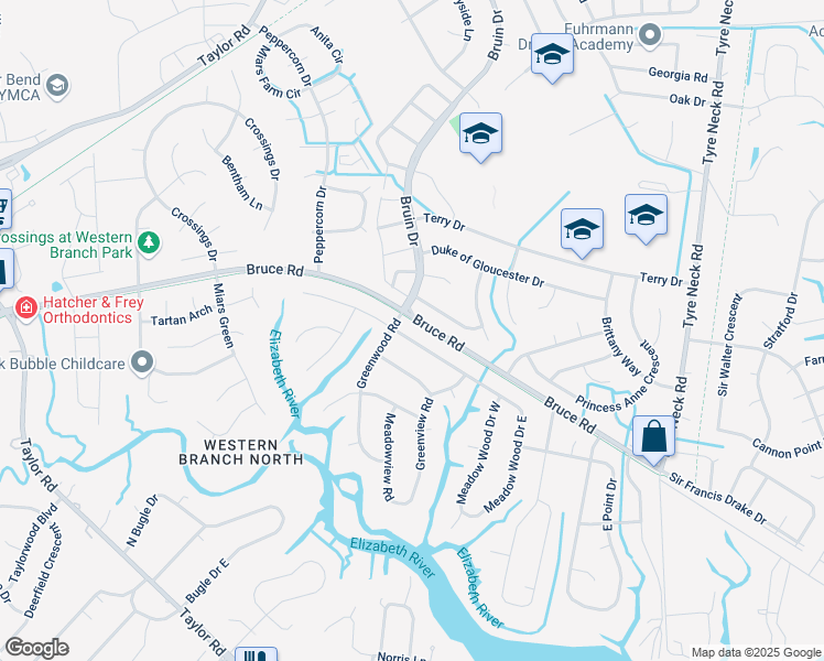 map of restaurants, bars, coffee shops, grocery stores, and more near 4248 Meadow Wood Drive in Chesapeake