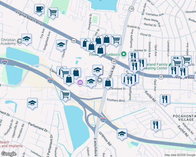 map of restaurants, bars, coffee shops, grocery stores, and more near 5100 Cleveland Street in Virginia Beach