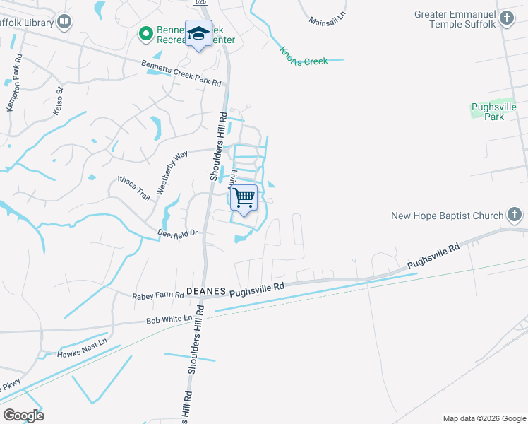 map of restaurants, bars, coffee shops, grocery stores, and more near 1416 Teton Circle in Suffolk