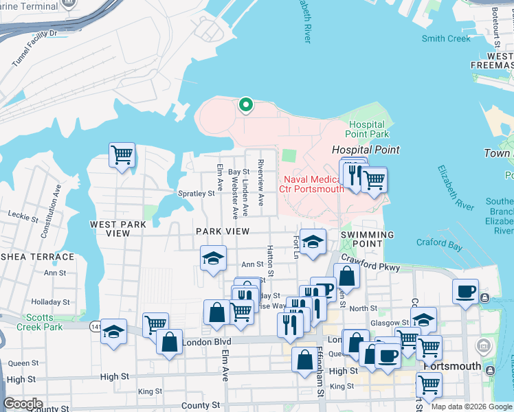 map of restaurants, bars, coffee shops, grocery stores, and more near 1028 Naval Avenue in Portsmouth