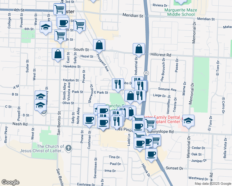 map of restaurants, bars, coffee shops, grocery stores, and more near 101 East Park Street in Hollister