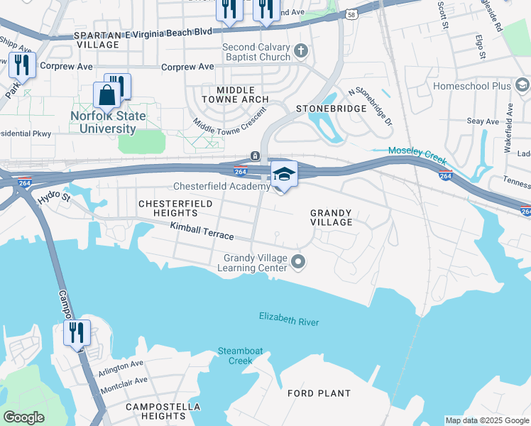 map of restaurants, bars, coffee shops, grocery stores, and more near 2909 Victoria Avenue in Norfolk