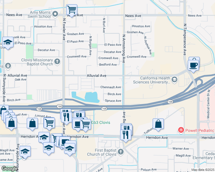 map of restaurants, bars, coffee shops, grocery stores, and more near 2097 Chennault Avenue in Clovis