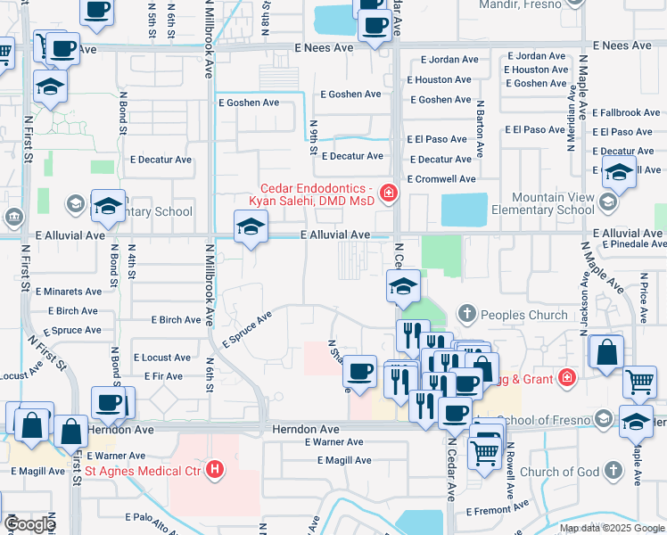 map of restaurants, bars, coffee shops, grocery stores, and more near 1281 E Alluvial Ave in Fresno