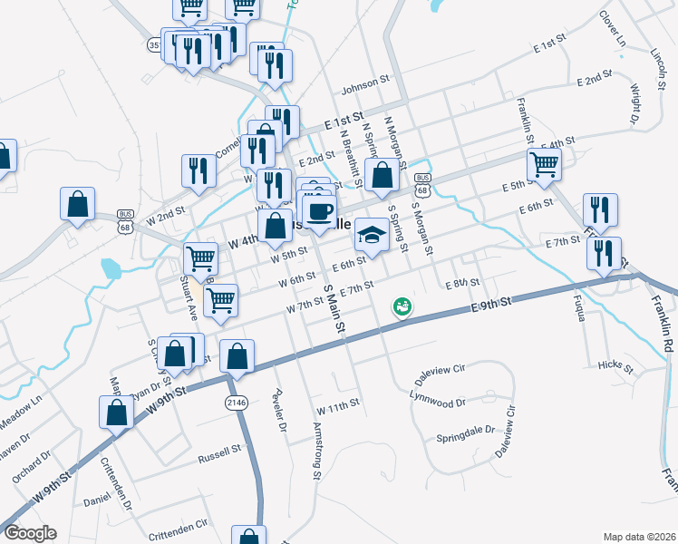 map of restaurants, bars, coffee shops, grocery stores, and more near 143-199 East 7th Street in Russellville