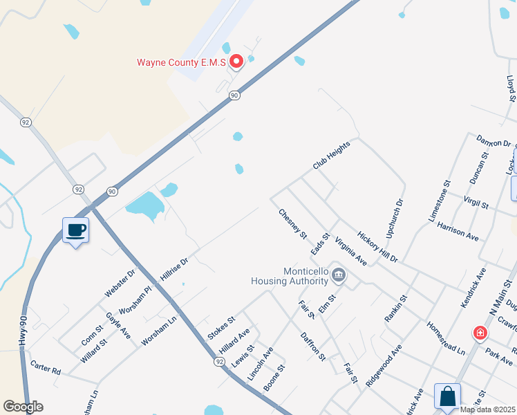 map of restaurants, bars, coffee shops, grocery stores, and more near 440 Hillrise Dr in Monticello