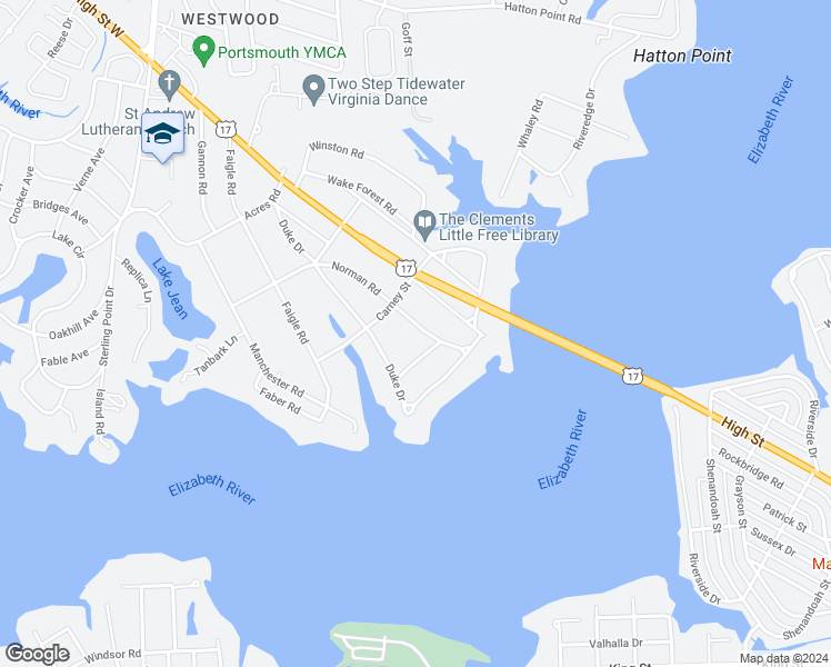 map of restaurants, bars, coffee shops, grocery stores, and more near 4413 Norman Road in Portsmouth