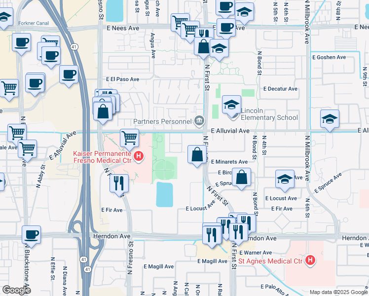 map of restaurants, bars, coffee shops, grocery stores, and more near 503 East Alluvial Avenue in Fresno