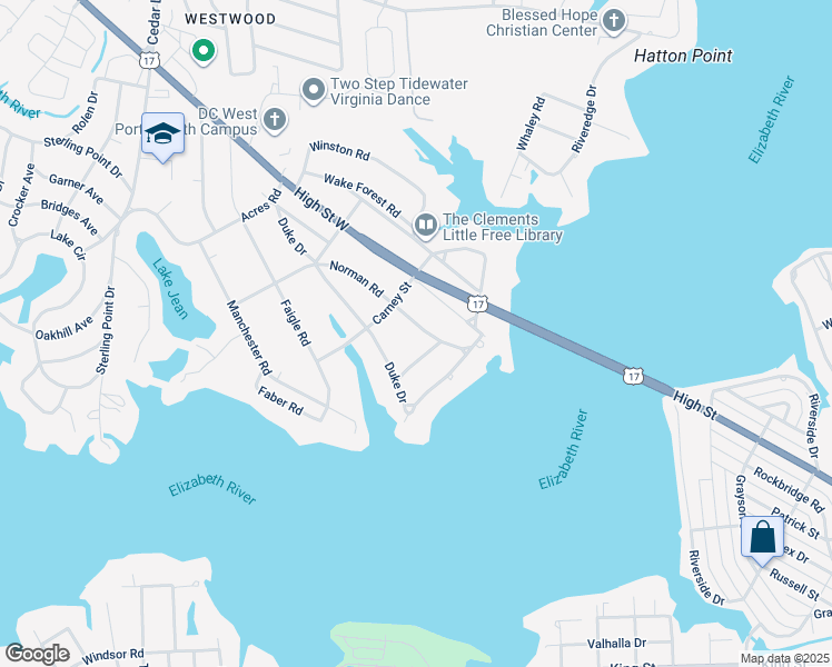 map of restaurants, bars, coffee shops, grocery stores, and more near 4413 Norman Road in Portsmouth