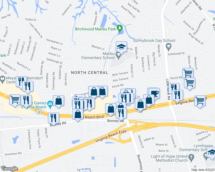 map of restaurants, bars, coffee shops, grocery stores, and more near 409 Catalina Avenue in Virginia Beach