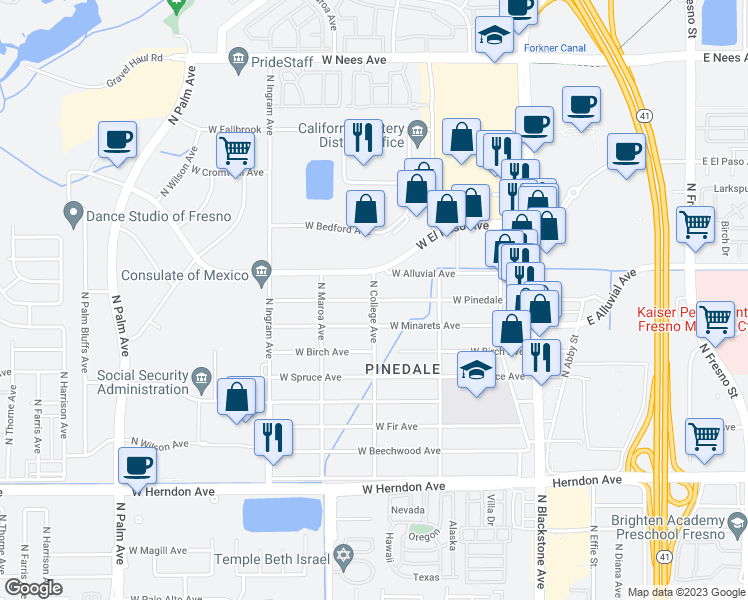 map of restaurants, bars, coffee shops, grocery stores, and more near North College Avenue & West Pinedale Avenue in Fresno