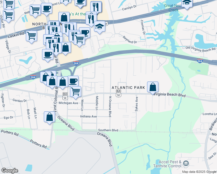 map of restaurants, bars, coffee shops, grocery stores, and more near 317 North Oceana Boulevard in Virginia Beach