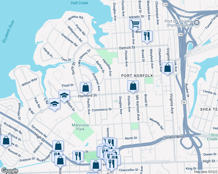map of restaurants, bars, coffee shops, grocery stores, and more near 616 Hamilton Avenue in Portsmouth