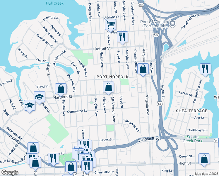 map of restaurants, bars, coffee shops, grocery stores, and more near 660 Mount Vernon Avenue in Portsmouth