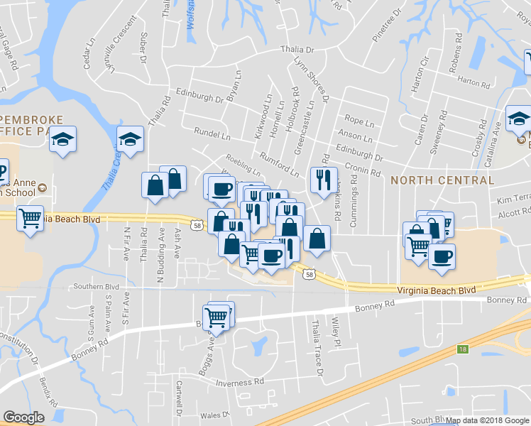 map of restaurants, bars, coffee shops, grocery stores, and more near 3943 Seeman Road in Virginia Beach