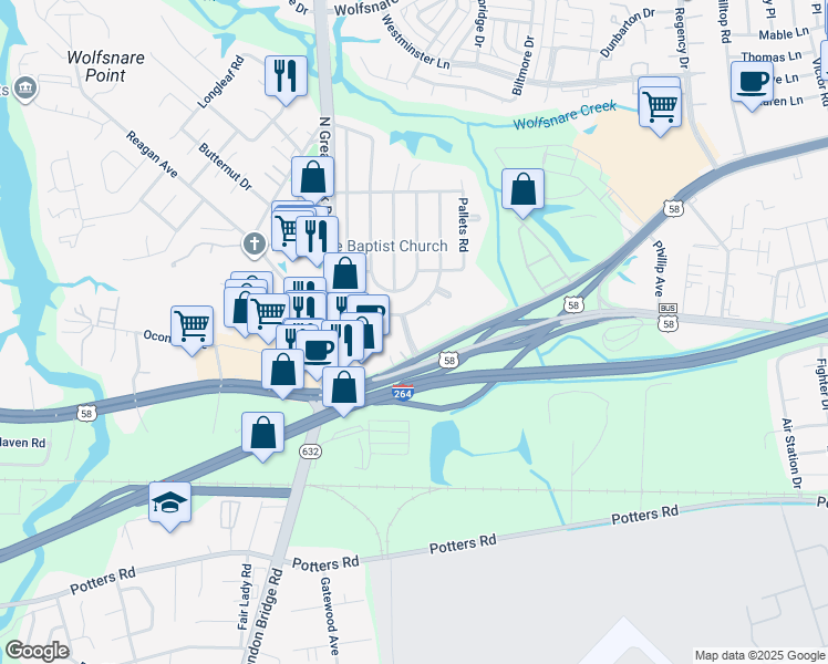 map of restaurants, bars, coffee shops, grocery stores, and more near 208 Farmington Road in Virginia Beach