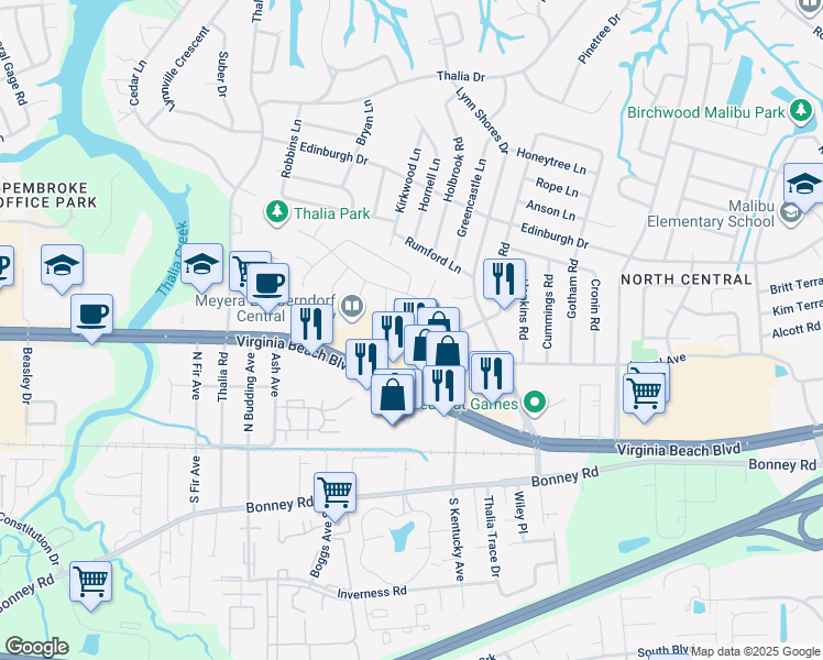 map of restaurants, bars, coffee shops, grocery stores, and more near 3943 Seeman Road in Virginia Beach