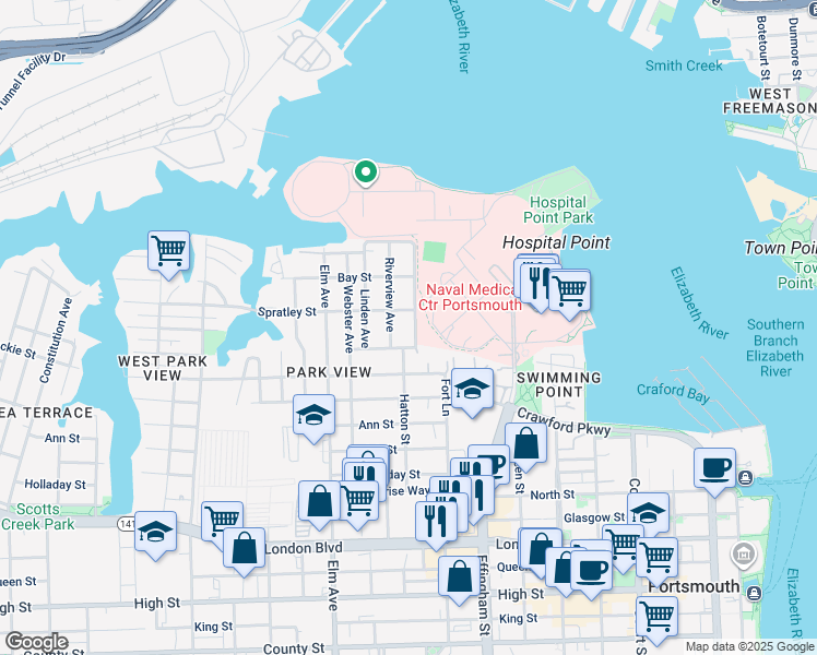 map of restaurants, bars, coffee shops, grocery stores, and more near 118 Parkview Avenue in Portsmouth