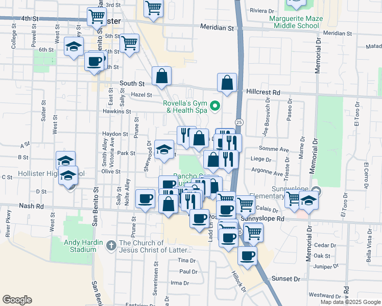 map of restaurants, bars, coffee shops, grocery stores, and more near 9 East Park Street in Hollister